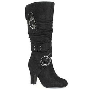 Metallic Studs Edgy Dual Buckles Slouch Knee High Suede Boot w/Silver Hardware